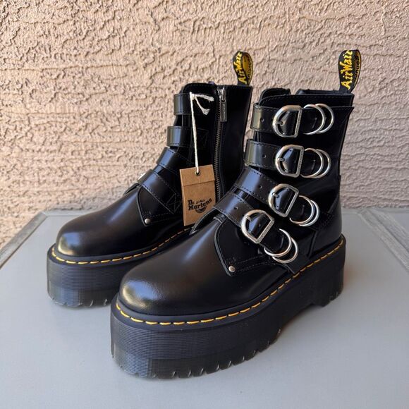 Dr. Martens Shoes - Dr. Martens Jadon Max Hardware HDW Platform Boots Womens 8 Straps Buckles Black